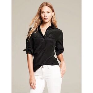 Banana Republic Women Black Silk Utility 1/4 Button Down Long Sleeve Top MEDIUM